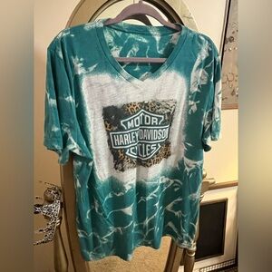 Harley-Davidson Teal and White V-Neck T-Shirt